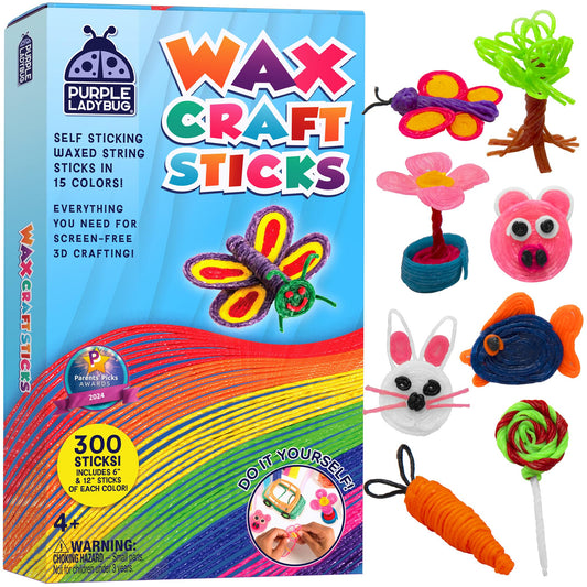 PURPLE LADYBUG 300 PCS Bendable Wax Craft Sticks, Imagination Sticks for Kids, Road Trip Essentials, Travel Toys for Toddlers in Car, Airplane Activities for Kids Ages 4-8, Camping & Summer Essentials