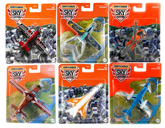Matchbox Sky Busters Die-Cast Aircraft Bundle, 6-Pack, Air Blade, Sea Arrow, Hypersonic Jet, Crop Duster, Cessna Caravan, Pusher Prop GLR68-956M