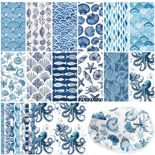 Glenmal 120 Pack Coastal Beach Blue Style Decoupage Paper Napkins, 12 Styles Decorative Cocktail Napkins for DIY Crafting Guest Tea Party Scrapbook Holiday Birthday Wedding Baby Shower, 13 Inch