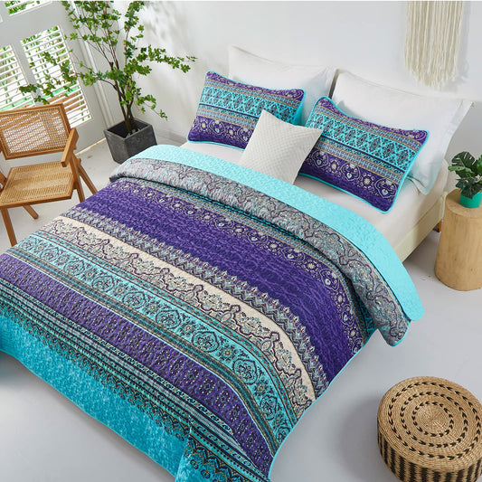 WONGS BEDDING Boho Queen Quilt Set, Blue Purple Bohemian Queen Quilt Bedding Set, Lightweight Microfiber Bed Decor Bedspread for All Season 96"x90"(3 Pieces)