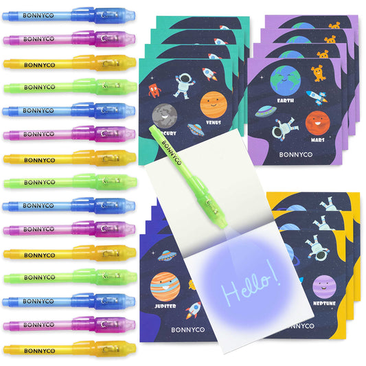 BONNYCO Invisible Ink Pen and Notebook Pack 16 Space Party Favors. Space Themed Party Favors for Kids, Goodie Bags Stuffers, Pinata, Classroom Prizes. Return Gifts for Kids Birthday, Student Gifts