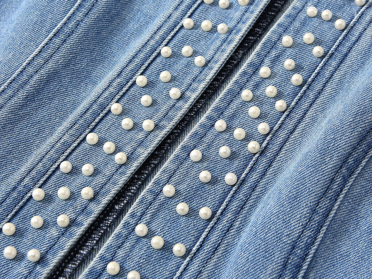 Kedera Women's Pearl Denim Jacket Long Sleeve Collarless Rivet Short Denim Coat with Pockets