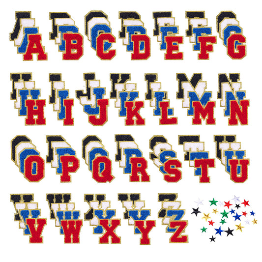 128 Pcs Varsity Letter Patches Kit - 104 Self-Adhesive Chenille Letters & 24 Iron-On Stars, Peel & Stick Fabric Patches for Clothes, Backpacks, Hats (2.17", Red, Black, Blue, White & Gold Stars)