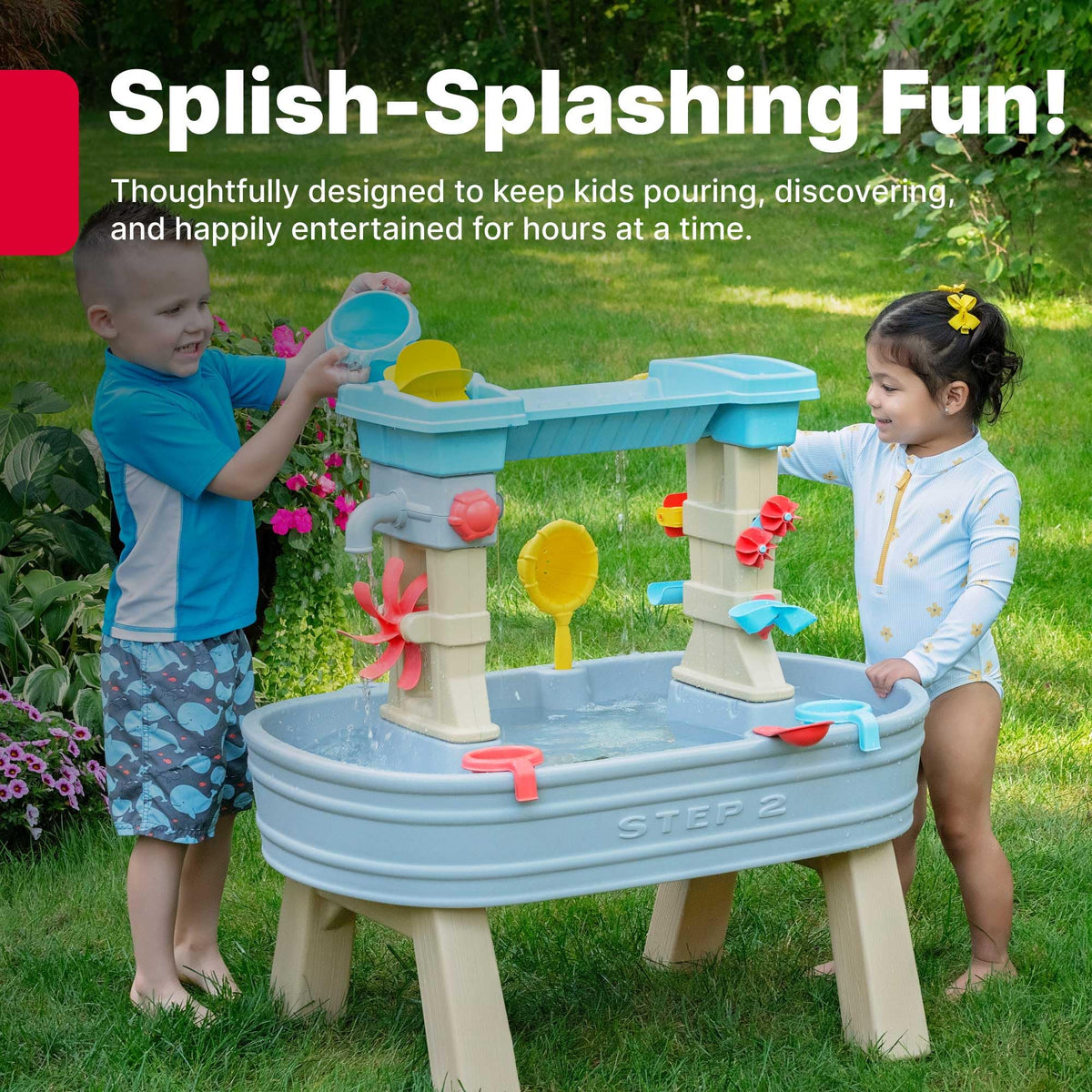 Step2 Rain Showers & Flow Kids Water Table, Outdoor Toddler Activity Table, 15-Piece Accessory Set, Ages 1.5+ Years Old, Multicolor (Gray, Blue, Red)