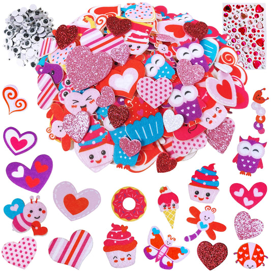 Winlyn Assorted Valentine's Day Stickers Embellishments Craft Smile Face Heart Cupcake Owl Sweet Shaped Cutouts Glitter Heart Felt Foam Stickers Easy to Peel Off for Kids Scrapbooking Cards Decoration