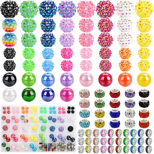 Funtopia Beads for Pens Keychains, 200pcs Bubblegum Focal Beads for Beadable Pens, 12mm 16mm 20mm Rainbow Acrylic Chunky Beads with Rhinestone Rondelle Spacer Bead for DIY Craft Making Supplies