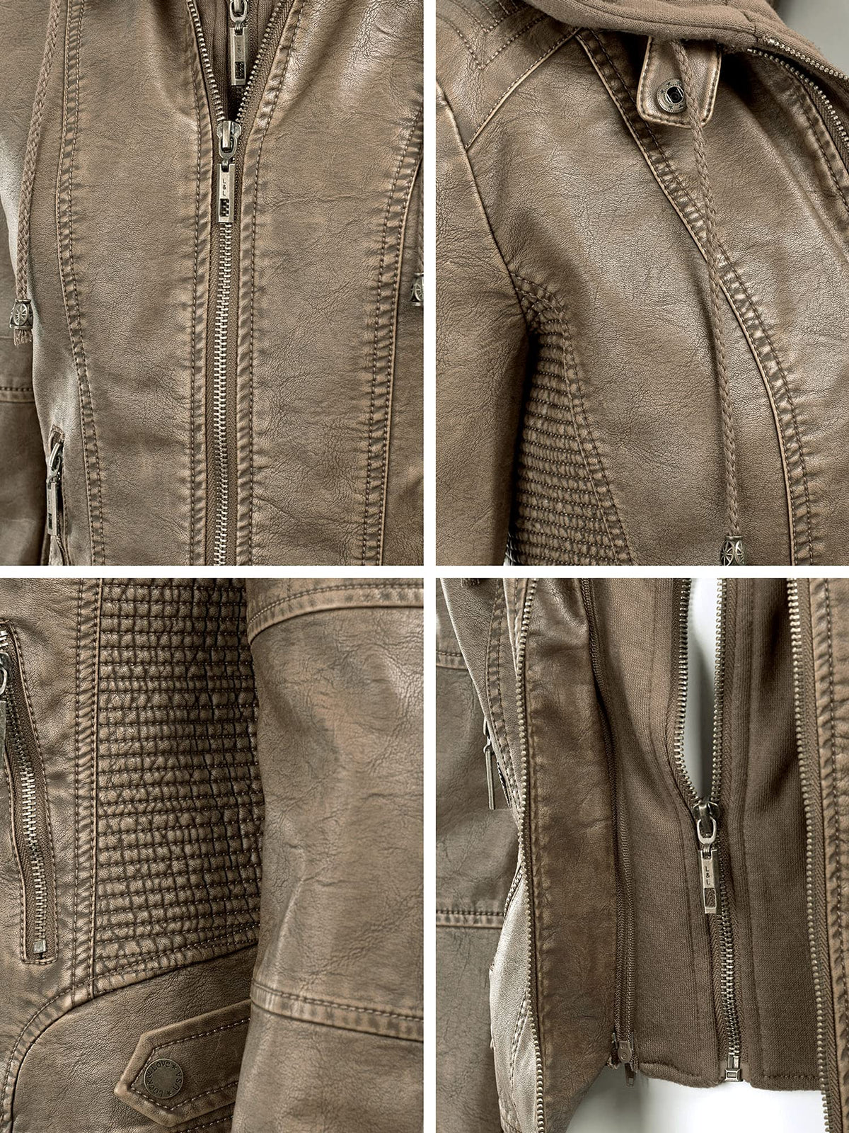 Made By Johnny MBJ Womens Faux Leather Quilted Motorcycle Jacket with Hoodie L Khaki