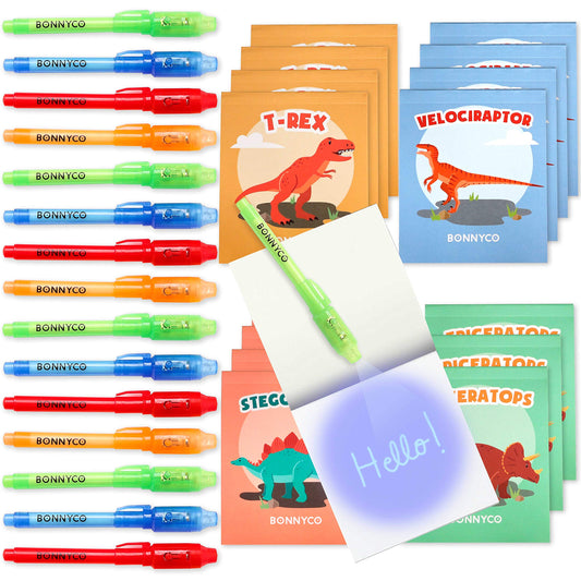 BONNYCO Invisible Ink Pen and Notebook Pack 16, Dinosaur Party Favors for Kids. Magic Spy Pen Goodie Bags Stuffers for Kids, Dinosaur Birthday Party Supplies. Goody Bag Stuffers, Return Gifts Prizes