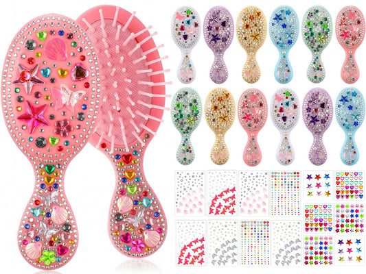 Ferrochef 12 Sets Hair Brush Decorating Kit DIY Mini Hair Brush with Gem Stickers Make Your Own Hairbrush Self-adhesive Rhinestone Stickers Craft Kit for Women Party Gifts