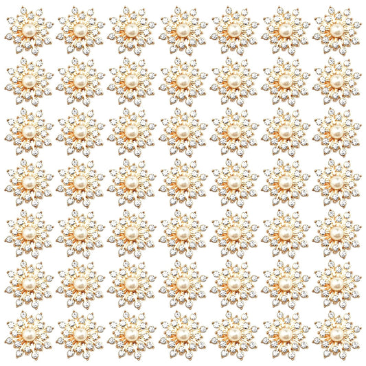 BETITETO 50Pcs Pearl Rhinestone Charms Flatback Flower Buttons Embellishments Bulk for DIY Shoe Sock Charms Bag Decoration Brooch Headbands Clothes Wedding Flower Bouquet Crafts (#1 KC Gold Alloy)