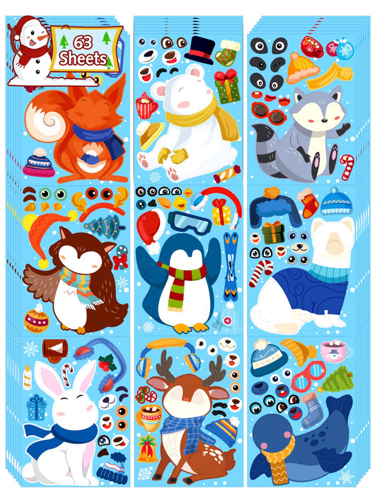 LINAYE 63 Sheets Winter Stickers for Kids Toddlers, Make A Face Winter Animals Crafts Stickers Party Favors Game Activities for Kids Classroom, 9 Designs, Christmas Goodie Treat Bag Stocking Stuffers