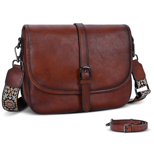HESHE Geuinue Leather Purses for Women Crossbody Bags Shoulder Handbag Vintage Flap Saddle Purse Travel Cross Body Bag Hobo Satchel with Pockets(Brown)