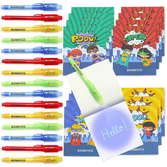 BONNYCO Invisible Ink Pen, Notebook Pack 16 Superhero Party Favors. Super Hero Party Favors for Kids, Goodie Bags Stuffers, Pinata, Classroom Prizes. Return Gifts for Kids Birthday, Student Gifts