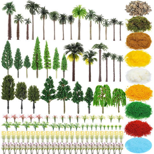 Sureio 130 Pcs Diorama Supplies Kit Include 121 Miniature Trees 1.2-7.48 Inch Mini Mixed Model Plastic Fake Architecture 9 Bags Scenery Basing Material Kit for Model Train Railroad Scenery DIY Craft