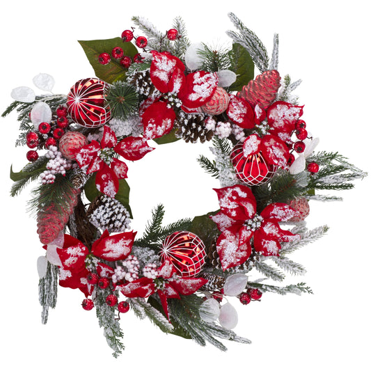 SAFAVIEH Home Collection - 28" Faux Snowy Needle Pine Wreath with Red Poinsettias, Ornaments & Pinecones (FXP1032A)
