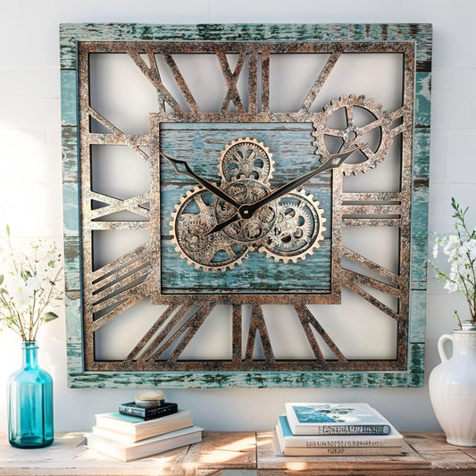 ImprovingLife The Gears Clock 24'' Inch Square Real Moving Gear Wall Clock Vintage Industrial Oversized Rustic Farmhouse (Aqua Green)