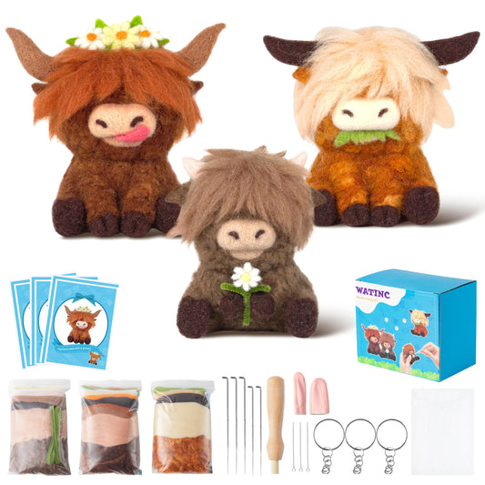 WATINC Needle Felting Kit - 3 Set Unique Different Cute Doll Wool Felt Needle Tools Foam Pad Instruction, DIY Home Decoration Craft Party Supplies for Art Work Starter Beginners (Highland Cow)