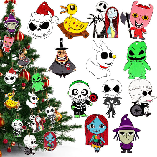 Skiennix 36 PCS Halloween & Christmas Nightmare Ornaments - Wooden Hanging Decor for Home & Parties