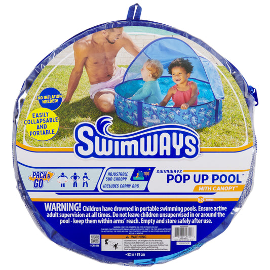 Swimways Elite Pop-Up Above Ground Pool, Baby Pool with Canopy & Carrying Case, Foldable Kiddie Pool for Ages 9-24 Months, Measures 32", Blue
