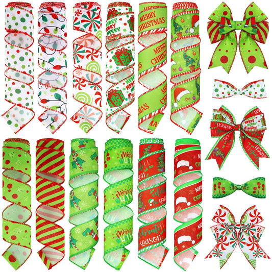 Chunful 12 Rolls Green Christmas Wired Edge Ribbon 2 Inch 60 Yards Red and Green Strip Dot Burlap Ribbon Crafts Fabric Decorative for Gift Wrapping Hair Bow Sewing Wreath Supplies