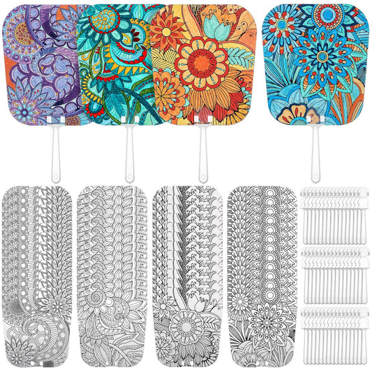 Geelin 48 Pcs Mandala Painting Art Kit Handheld Fan Set Including Fan and Handle 4 Styles DIY Painting Paper Fans for Christmas Crafting Birthday Supplies Outdoor Games Holiday Party Decor