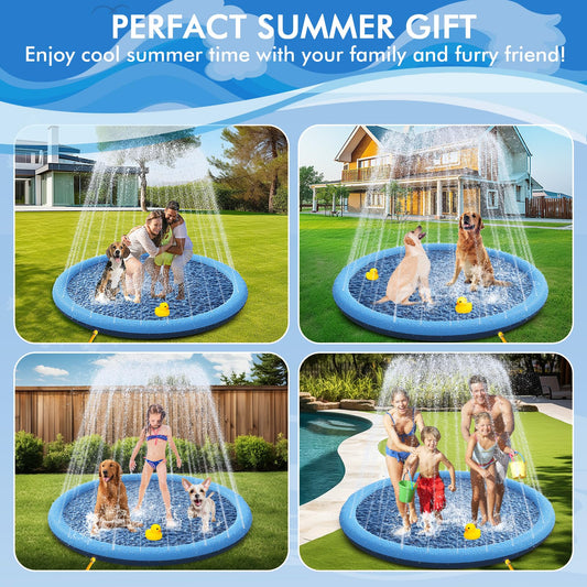 YAUNGEL Splash Pad for Dogs - 97in Non-Slip Splash Sprinkler Pad for Kids Toddlers Baby, 0.58mm Thickened Durable and Foldable Dog Pool Summer Outdoor Water Toys Play Mat, Blue