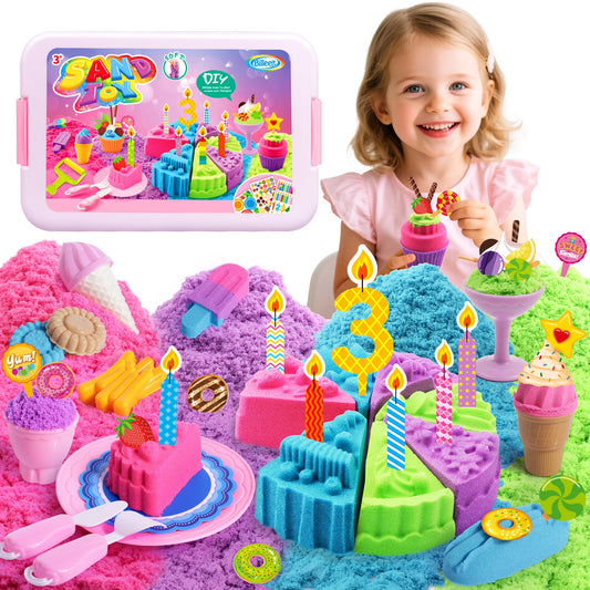 Billeeit Cake & Ice Cream Sensory Bin Sand Toy, Sand Kit Sensory Toys w/lid and 4 Color Moldable Sensory Play Sand 2.2lbs, Molds, Tools Set 43pcs Total for Toddlers, Fun Gifts for Kids Girls 3+