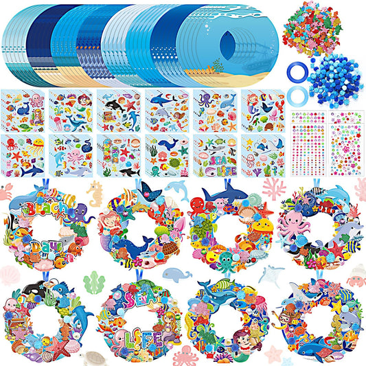 Hollowfly 48 Sets Summer Ocean Wreath Craft Kits DIY Under The Sea Wreath Hanging Ornaments Ocean Make Your Own Paper Craft with Stickers for Home Summer Sea Beach Party Favors Activities