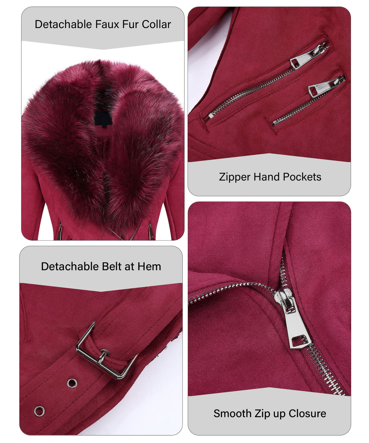 Bellivera Women Faux Suede Jacket Moto Biker Sherpa-Lined Coat Red S