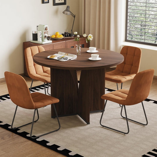 HIPIHOM Modern Round Dining Table Set for 4, 39.4" Walnut Kitchen Table with 4 PU Leather Chairs, 5-Piece Mid-Century Dining Room Set for Small Spaces, Pedestal Base