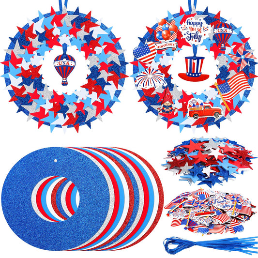 Woanger 324 Pcs 4th of July Wreath Decorations Flag USA Star Patriotic Signs Ornaments Foam Blue Red White Sticker Star Independence Day Craft Gift Favor Home Door Art Wall Decor Kit