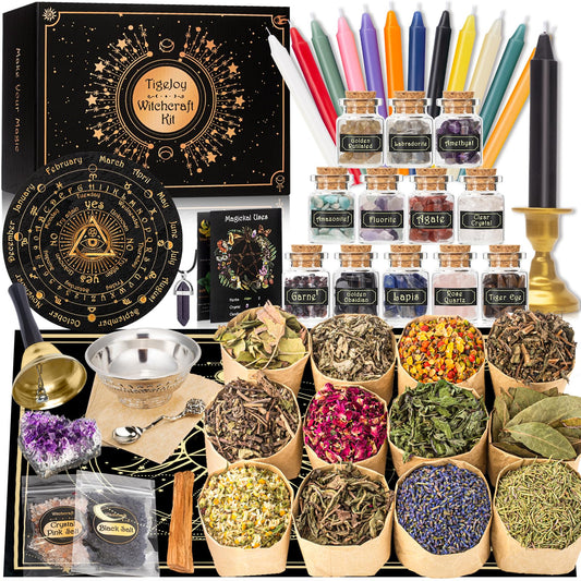 TigeJoy Witchcraft Supplies Witch Stuff Spell Kit 60PCS, Wiccan Tools, Include Herb Crystal Candle Amethyst Altar Bowl Witch Bell, Witch Gift Wiccan Starter Kit Altar Supplies Pagan Decor