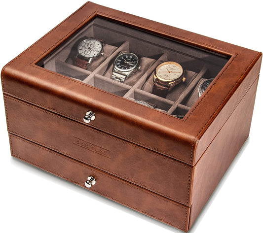 BEERUST Watch box organizer for men - Leather watch case - Luxury watch box - For large mens wrist watches - Mens jewelry box organizer - Watch case - With valet drawer - Watch display case