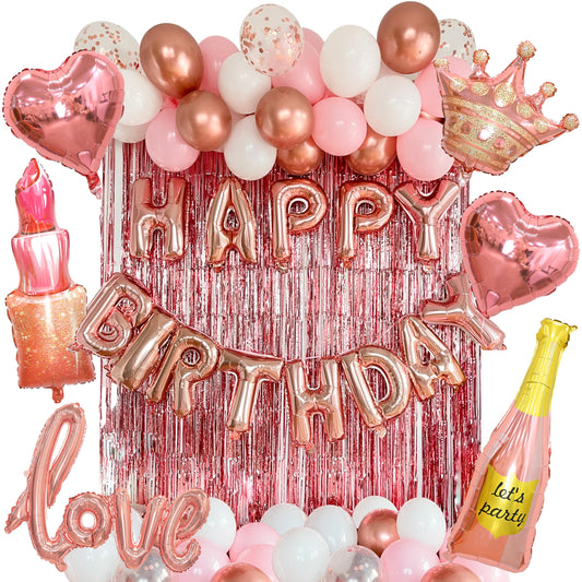 VIDAL CRAFTS 71-Piece Rose Gold Birthday Decorations for Women - Party Backdrop with Latex, Foil & Confetti Balloons, Happy Birthday Decorations Banner & Rose Gold Foil Fringe Curtains