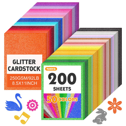 TUXIYA 200 Sheets 8.5" X 11" Glitter Cardstock,50 Assorted Colors 250GSM/92LB Glitter Cardstock,No-Shed Sparkly Glitter Paper for Arts and Crafts, Decorative, Card Making, Scrapbooking, DIY Projects