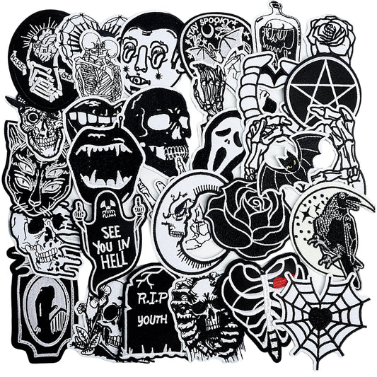Meneng Goth Embroidered Patches for Clothing: 30PCS Cool Iron on Patch Skull Rose Sew on Applique for DIY Crafts - Vintage Gothic Dark Aesthetic Patches for Jacket Hat Jean Vest Backpack Decor