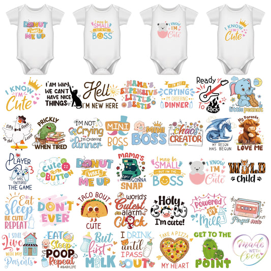 HiTransfer Iron on Decals for Clothing, 36 Sheets, Baby Shower Games Heat Transfer Stickers, Cute Animal Theme, Gender Reveal Patch for Bibs and Bodysuit DIY Crafts (Cute Animals - 36PCS)