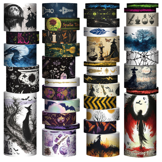 MPOPUUL Washi Tape Set 37 Rolls - Witches Theme Colored Decorative Adhesive Tape for Journaling, Vintage Artists Tape for Junk Journaling Supplies, Scrapbooking, DIY Crafts, Gift Wrapping, Planner