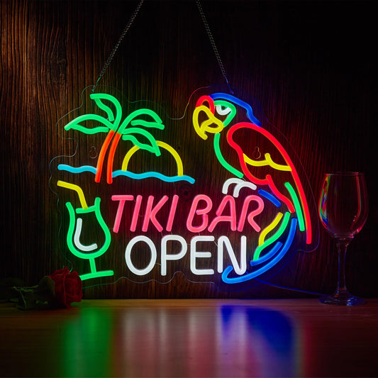 Tiki Bar Open Neon Sign for Tiki Open Wall Décor with Dimmable Switch Hawaii Pool Beach Bar LED Neon Signs Art Decor Light