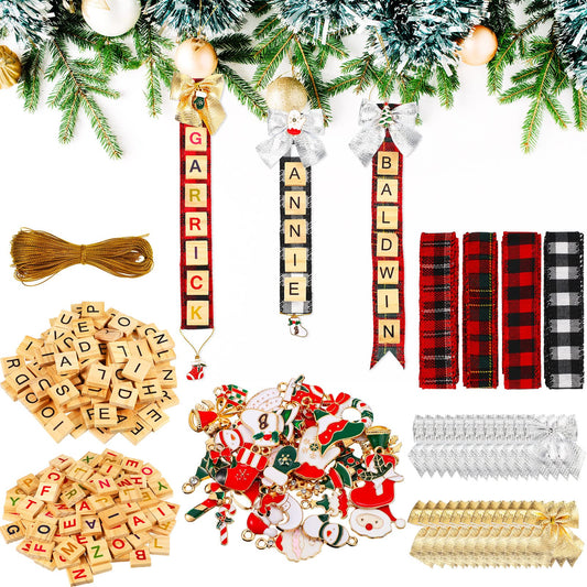 Waydress 266 Pcs Christmas Ornaments Tree Decorations Christmas Personalized Crafts Wooden Letter Block DIY Ribbon Rustic Bow Pendant Stockings Name Tags Hanging for Xmas Crafts Making (Classic Style)