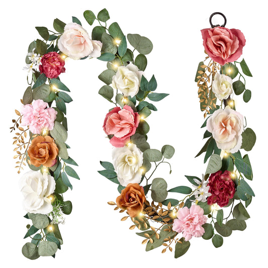 Valery Madelyn Pre-Lit Spring Flower Garland for Mantle with Lights, 6 feet Fake Roses Artificial Floral Vines Hanging Garland Decorations for Mothers Day Wedding Anniversary Party Table Home Decor