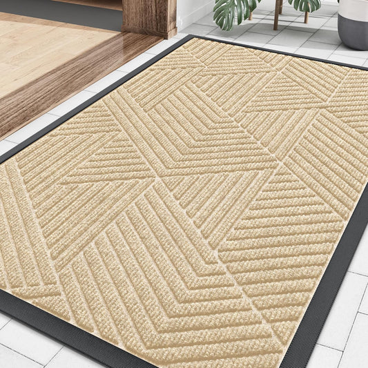 Smiry Heavy-Duty Natural Rubber Front Door Mat - Traps Dirt & Moisture | Irregular Triangle (29.5x17, Beige)