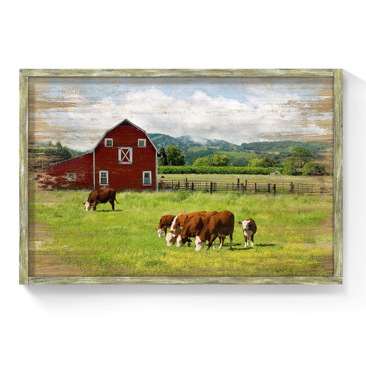 Bedroom Wood Farmhouse Wall Art: Large Rustic Red Barn Framed Artwork Quiet Country Landscape Gallery Painting Nature Cow Cattle Farm Picture Farm Animal Forest for Living Room Kitchen