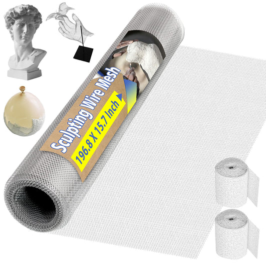 Sculpting Wire Mesh Roll 15.7 X 196.8 Inch, Aluminum Wire Mesh with 2 Rolls Plaster Cloth for for Art and Crafts Sculpture Projects, Moldable Sculpting Mesh for Sculpture Clay, DIY Home Decoration