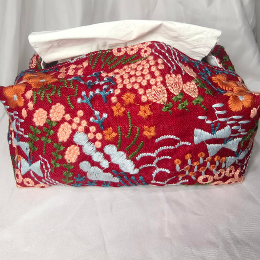 Floral Pattern Tissue Box Cover, Burgundy Red with Embroidered Design