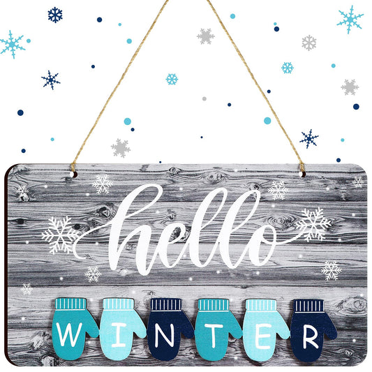 Blulu Hello Winter Sign Rustic Wood Winter Door Decor Farmhouse Wall Hanging Plaque Filleted Corner Wooden Glove Sign Decorations for Office Home Bathroom Indoor Outdoor, 10 x 5.5 Inch