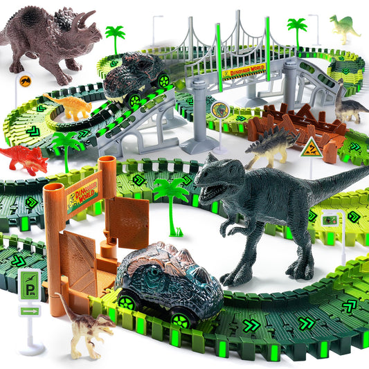 268 PCS Race Tracks Dinosaur Toys for Kids 3-5, Glow in The Dark Magic Toy Set, 2 Dinosaur Cars Track, Flexible DIY Track Set, Birthday Gift for Age 3-9 Boys Toddler Girls