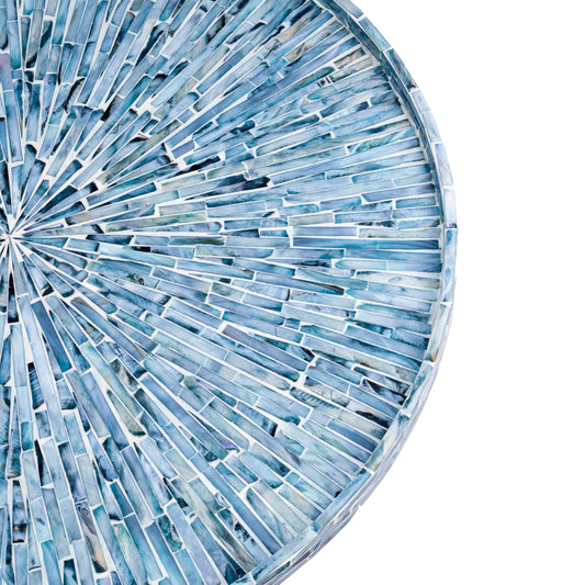 PEMAR 22" Round Mother of Pearl Extra Large Ottoman Tray with Raised Edge, Oversized Decorative Luxury Wooden Serving Tray for Food, Coffee Table, Breakfast in Bed (Blue Sunlight)