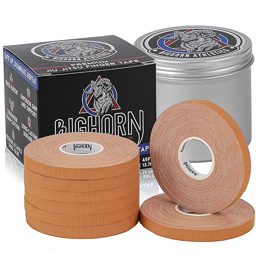 Bighorn Athletics Pro Series Jiu-Jitsu Finger Tape, 8-Rolls with Tin Holder, Enhanced Strength, Residue-Free (0.3-Inch, Nude)