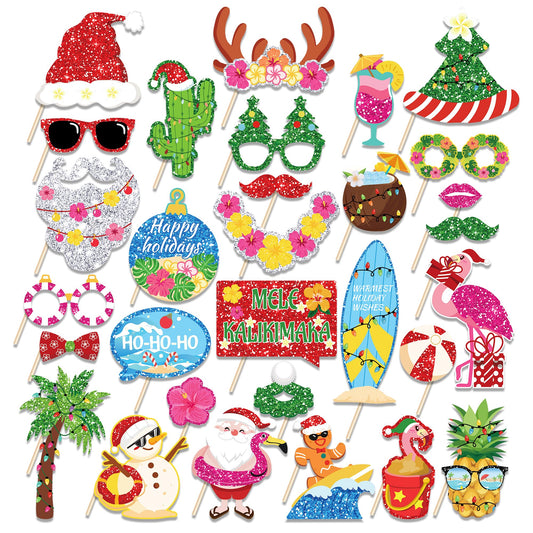 25-Piece Funny Tropical Christmas Photo Booth Props Kit - Beach Santa Holiday Party Supplies for Adults, Hawaiian Luau, Holiday Beach Party Decorations with Sticks & Stickers